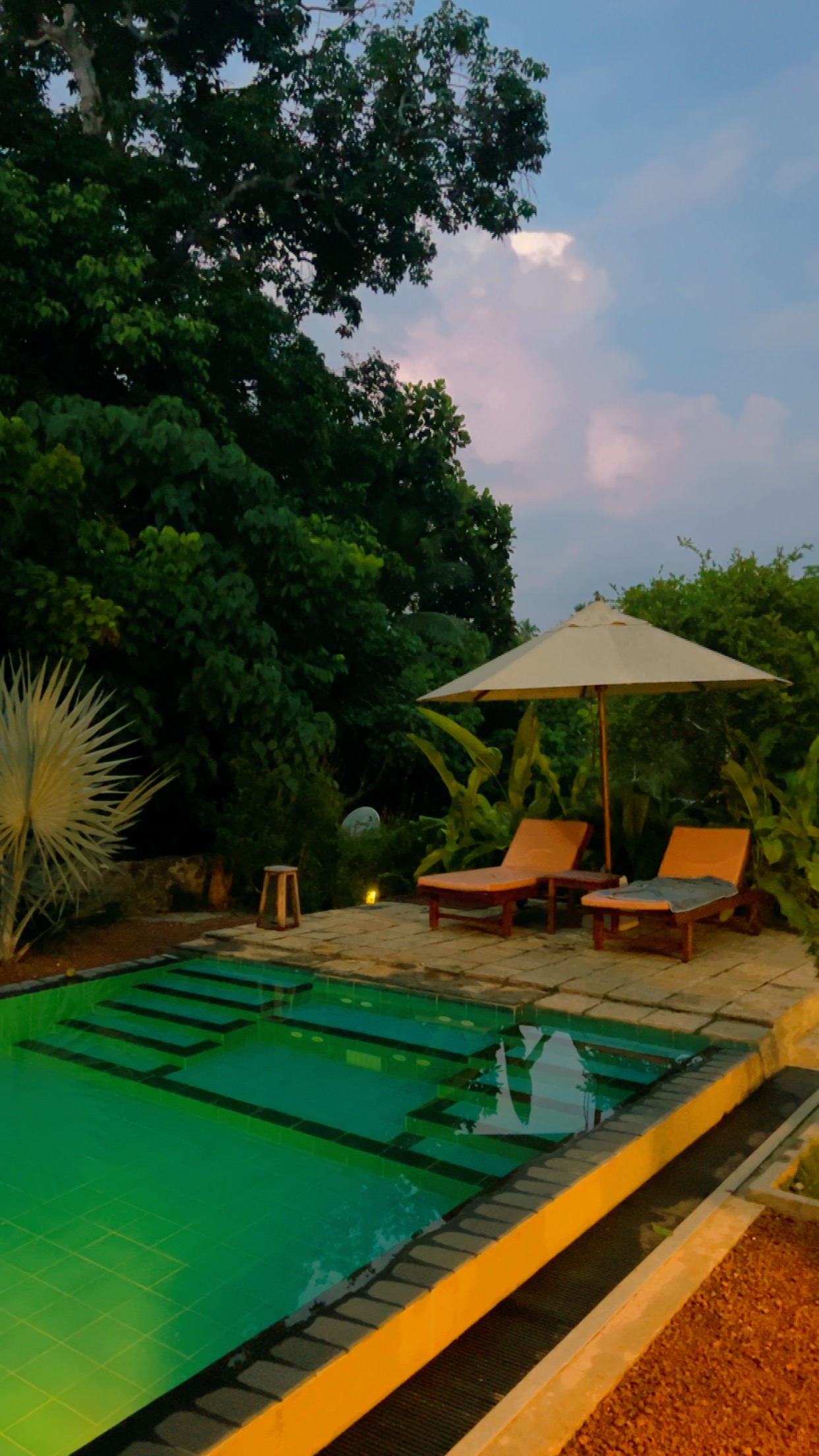 Pool at dusk with loungers