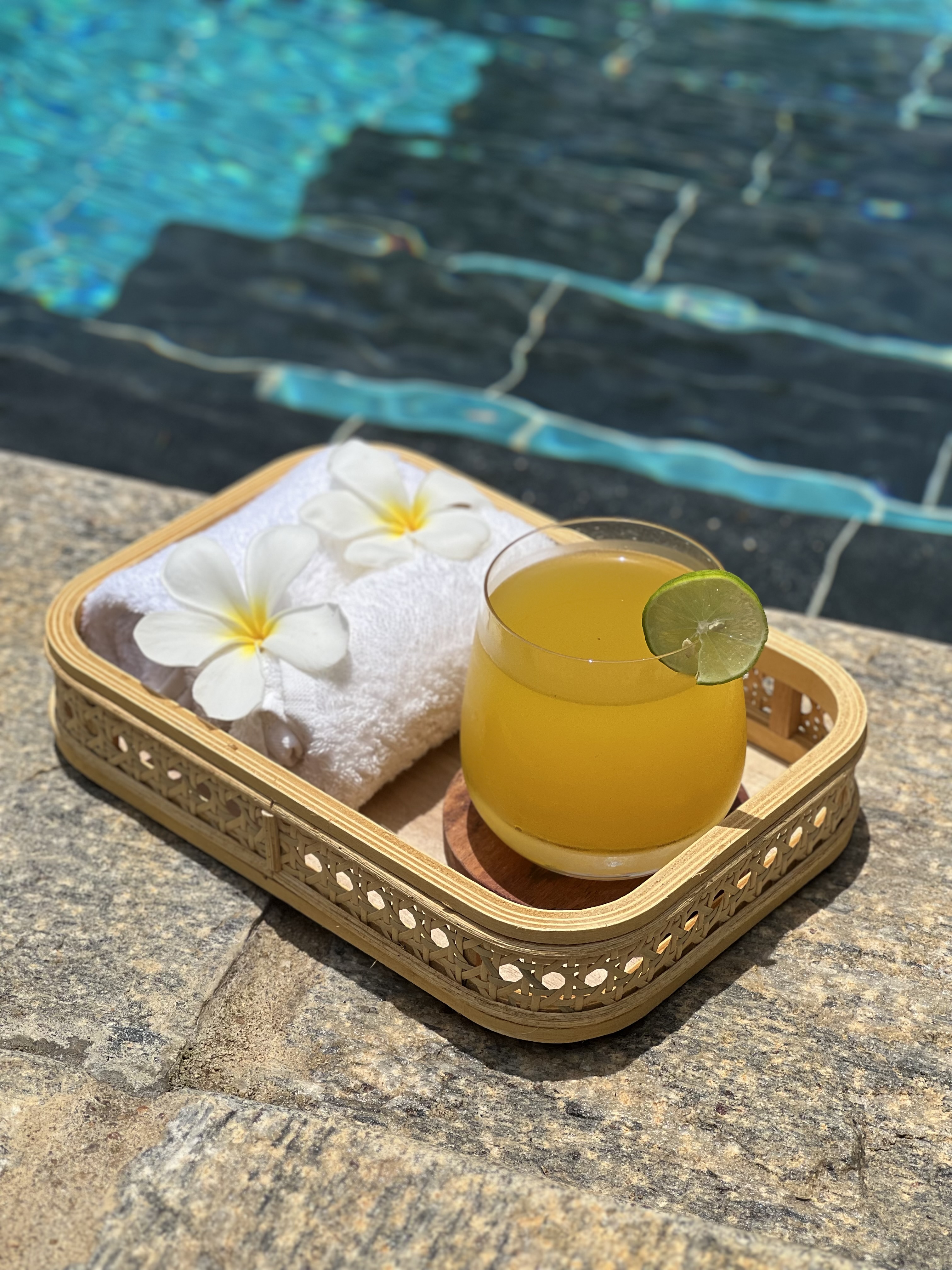 Welcome drink tray by the pool